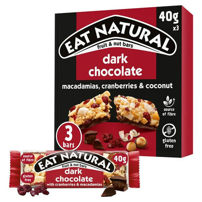 Mørk sjokolade med tranebær og macadamianøtter Frukt- og nøttebar 3 x 40g