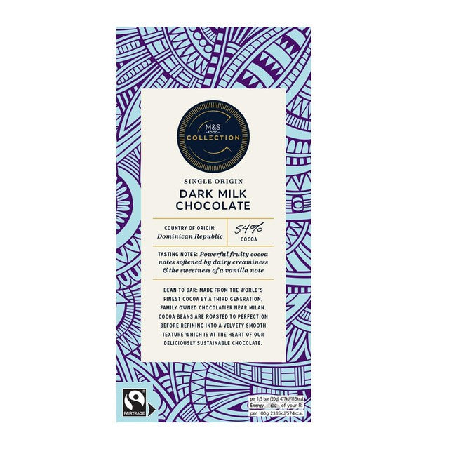 M&S 54% Dominican Republic dark milk chocolate bar 100g, imported from the UK