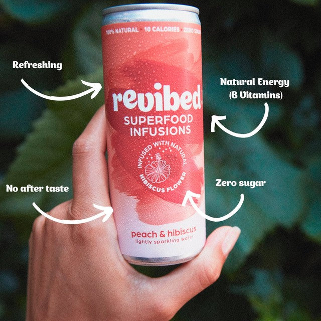 Revibed Peach Hibiscus Lightly Sparkling Water 250ml, imported from the UK