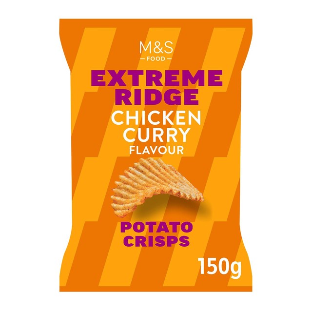M&S chicken curry extreme ridge cut crisps 150g, imported from the UK
