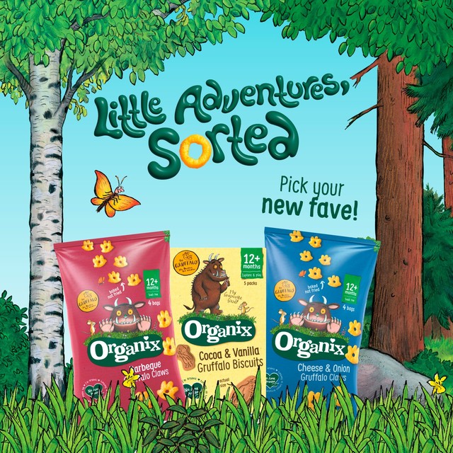Organix Gruffalo Claws Cheese Onion 4x15g, imported from the UK