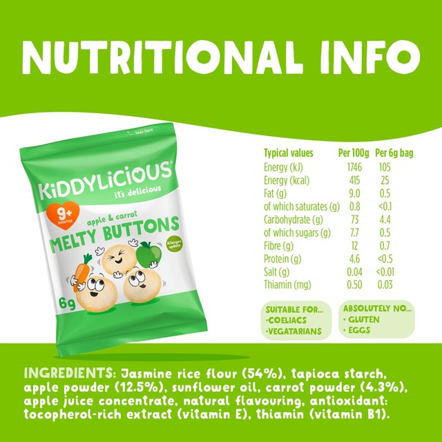 Kiddylicious Apple & Carrot Melty Buttons baby snacks 5 x 6g, UK version