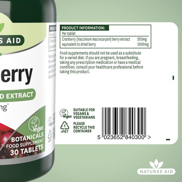 Natures Aid cranberry supplement tablets 5000mg, imported from the UK