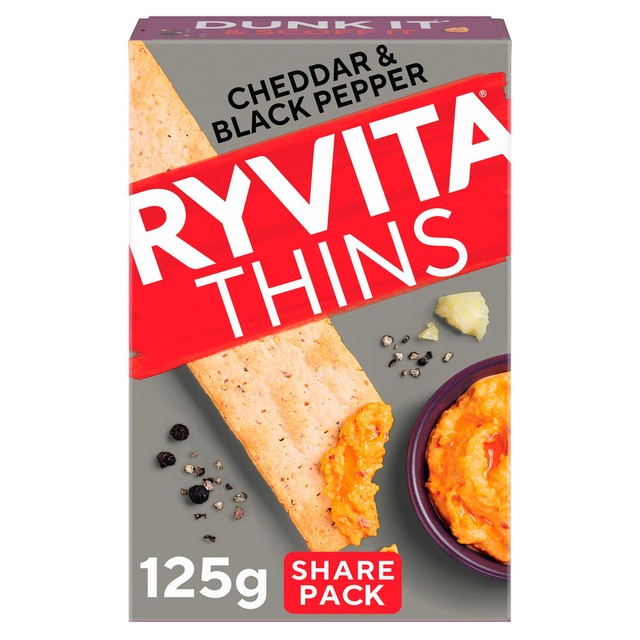 Ryvita Thins Cheddar & Black Pepper flatbread crackers 125g, imported from the UK