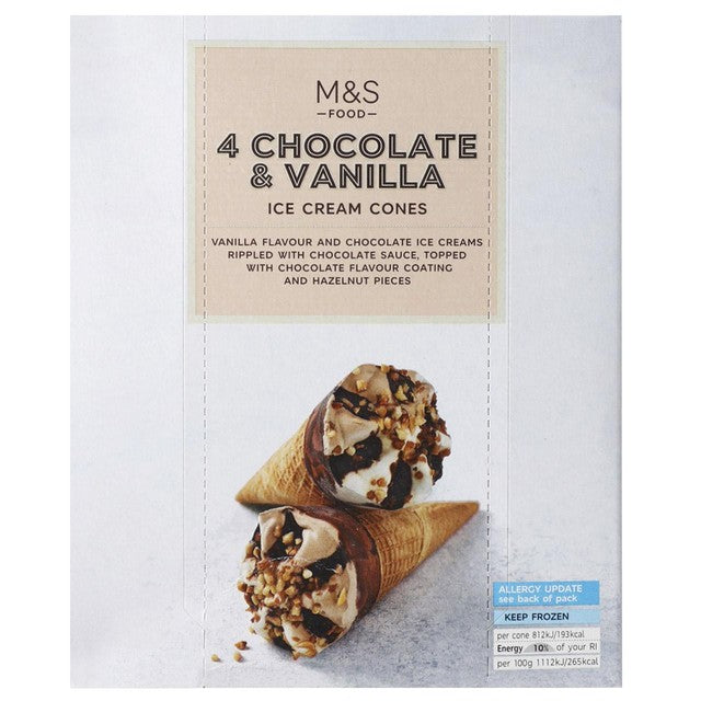 M&S chocolate vanilla ice cream cones 4x73g, imported from the UK
