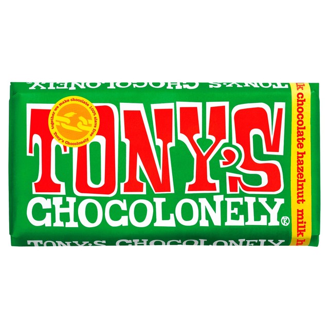 Tony's Chocolonely milk chocolate bar with hazelnuts 180g (British brand)