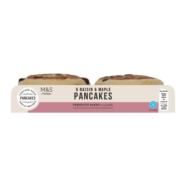 M&S raisin & maple pancakes 6 x 35g, imported from the UK