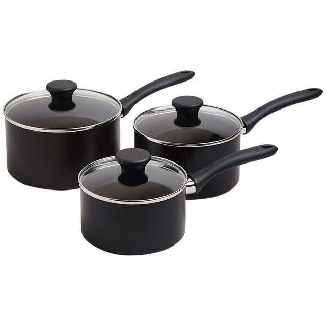 M&S Collection 3-piece black aluminium non-stick pan set, imported from the UK