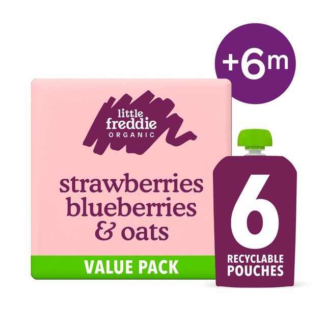 Little Freddie organic strawberries, blueberries and oats baby food pouch 6 x 100g, UK version