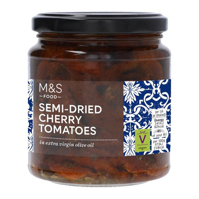 M&S halb getrocknete Kirschtomaten in nativem Olivenöl extra mit Knoblauch und Kräutern, Antipasti, 280 g