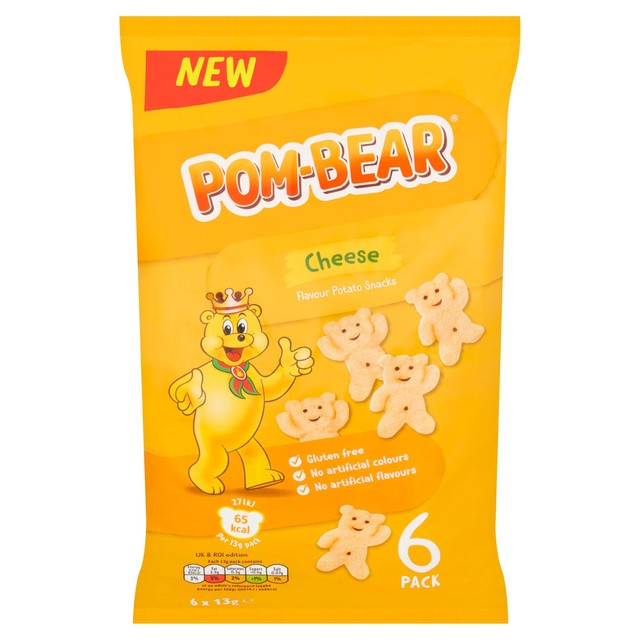 Pom-Bear cheese flavour teddy shaped potato snack multipack, imported from the UK