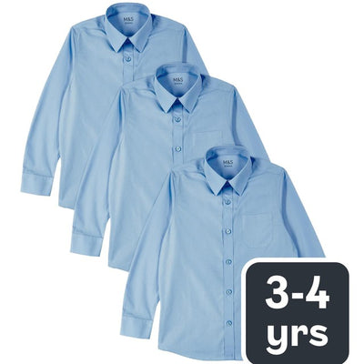 M&S Boys Regular Fit Long Sleeve Easy to Iron School Shirt 3-Pack for Age 3-4 Years