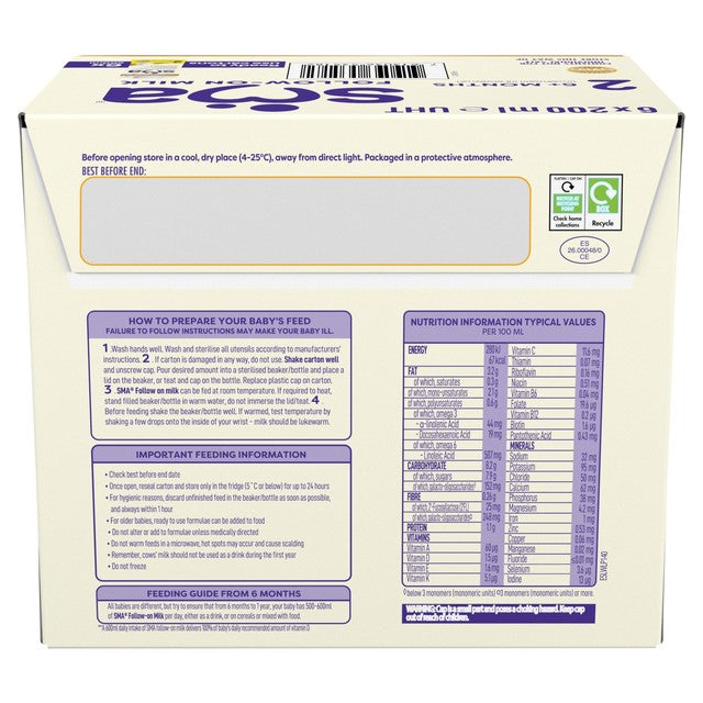 SMA PRO follow-on ready-to-use formula milk 6 x 200ml (British brand)