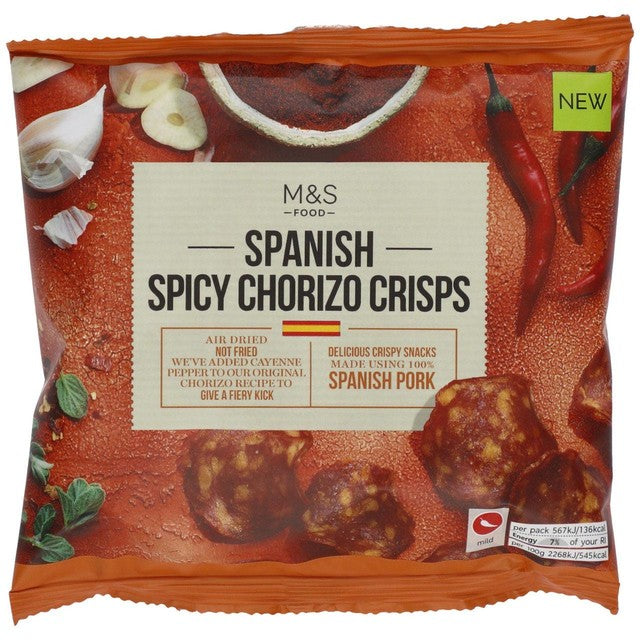M&S Spanish Spicy Chorizo Crisps 25g, imported from the UK
