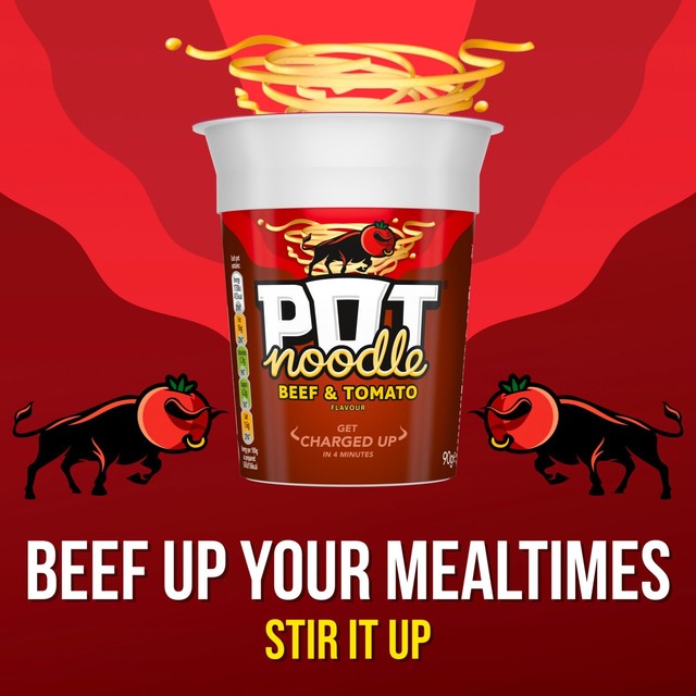 Pot Noodle Beef & Tomato instant noodle pot 90g, imported from the UK