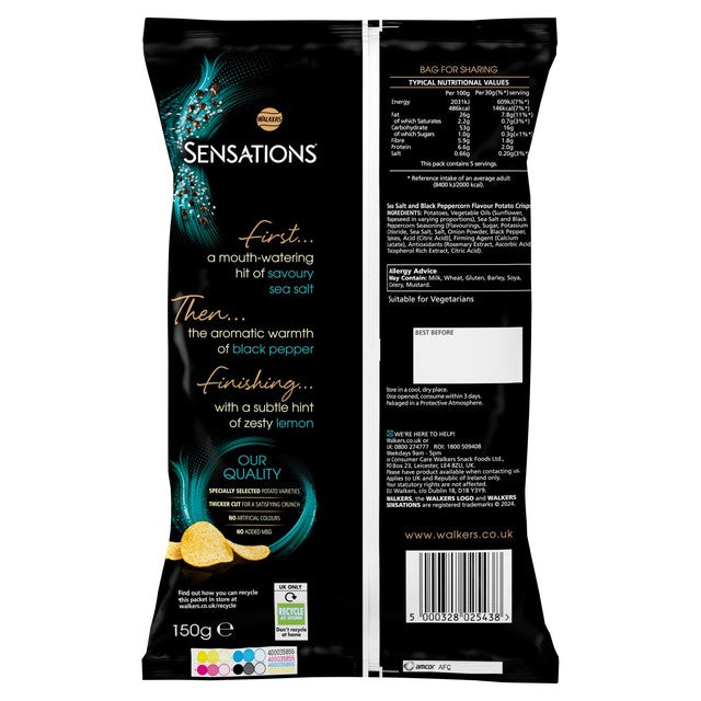 Walkers Sensations Sea Salt & Black Peppercorn sharing crisps 150g (British brand)
