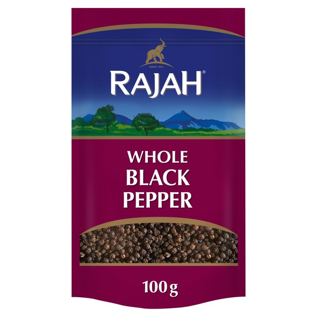 Rajah whole black pepper soft pouch 100g, imported from the UK