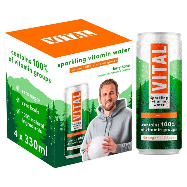 Vital peach sparkling vitamin water 4 x 330ml (British brand)