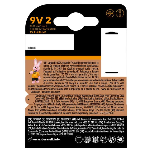 Duracell Plus 9V alkaline batteries 2-pack - British product