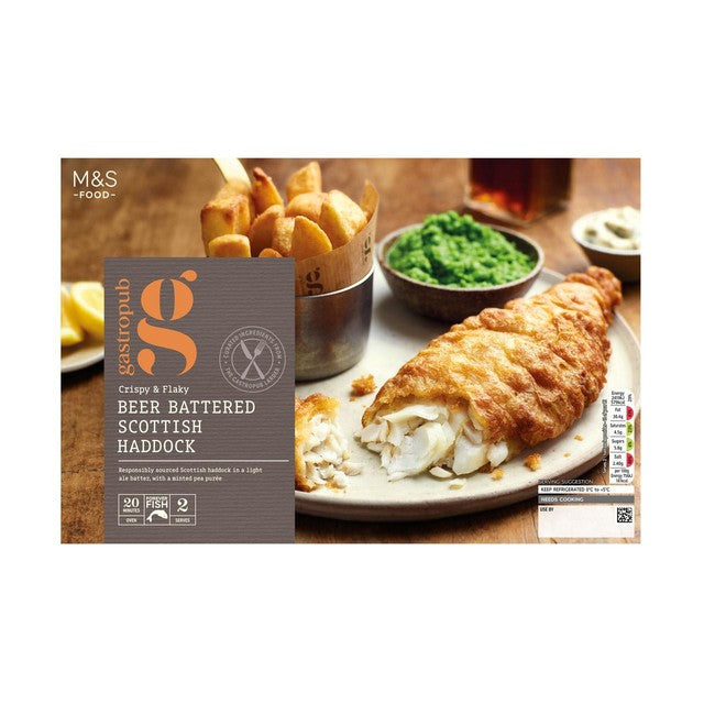 M&S Gastropub battered fish and peas ready meal 640g, imported from the UK