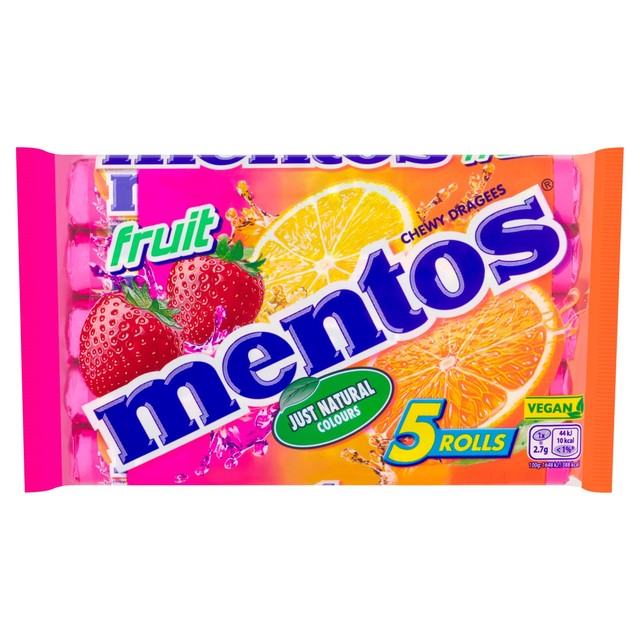 Mentos chewy fruit sweets in strawberry, lemon, and orange flavours 5 x 38g multipack, imported from the UK