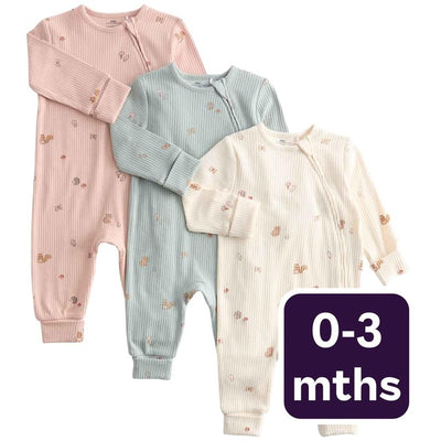 M&S Girls Cotton Rich Woodland Print Baby Sleepsuits, Ivory, 0-3 M