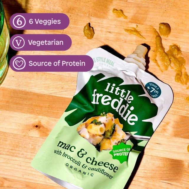 Little Freddie organic mac and cheese broccoli cauliflower baby food pouch 130g, UK version
