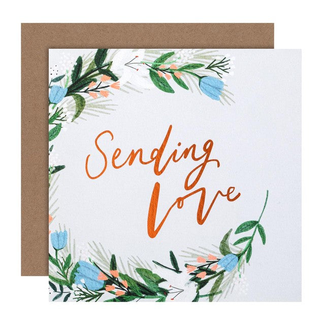 M&S Simple Wreath Sending Love blank card 15cm x 15cm, imported from the UK