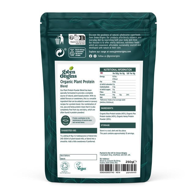 Green Origins Organic Plant Protein Blend 250g, UK version