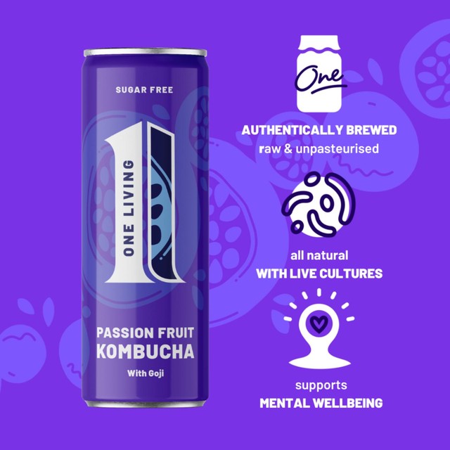 One Living Passionfruit Sugar Free Kombucha 4x250ml, imported from the UK