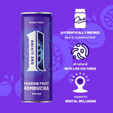 One Living Passionfruit Sugar Free Kombucha 4x250ml, imported from the UK