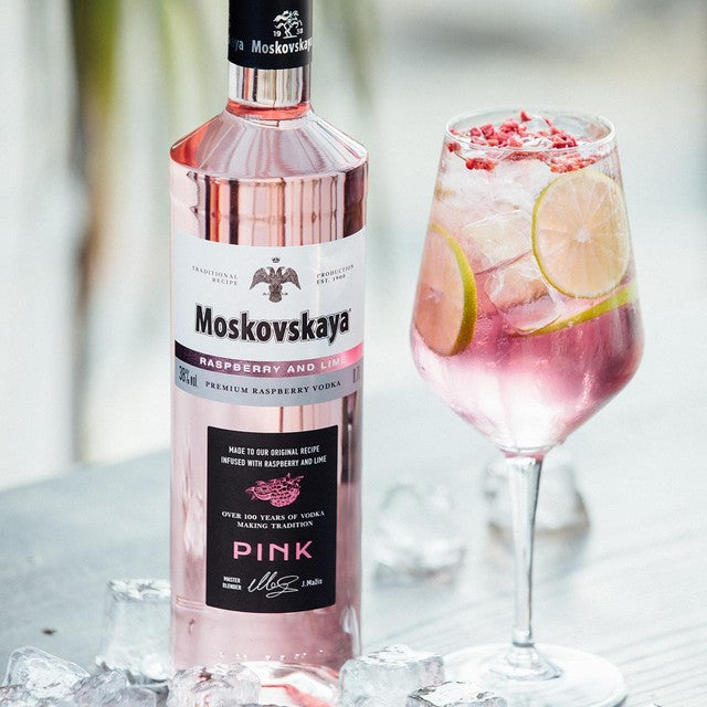 Moskovskaya pink vodka with raspberry and lime flavour 70cl, imported from the UK