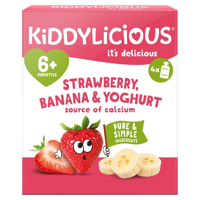 Kiddylicious Strawberry Banana Yogurt Baby Food Pouch 6m+ 4x100g, UK version