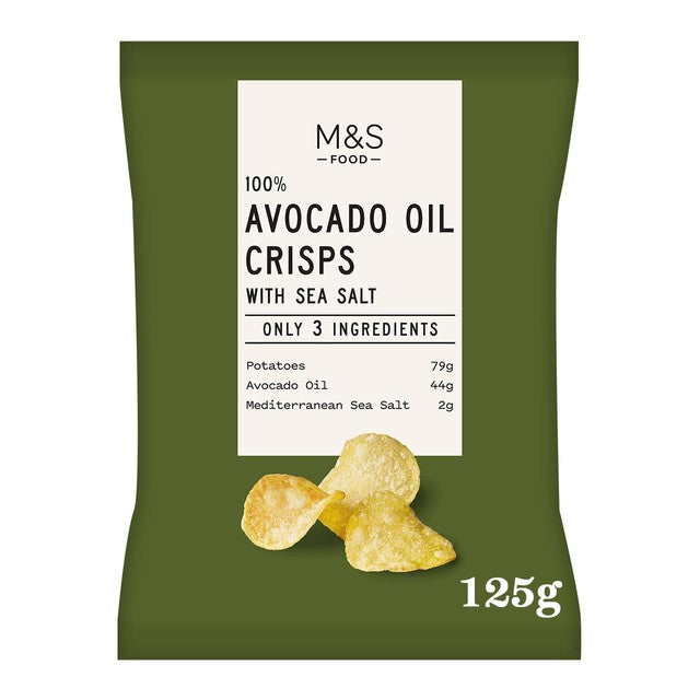 M&S avocado oil crisps with Mediterranean sea salt 125g, imported from the UK