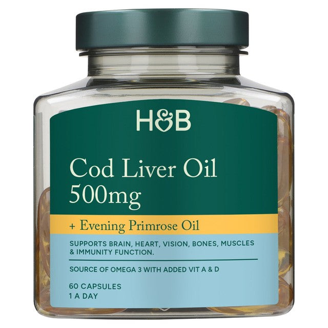 Holland Barrett Cod Liver Oil capsules 500mg 60 pack, UK version