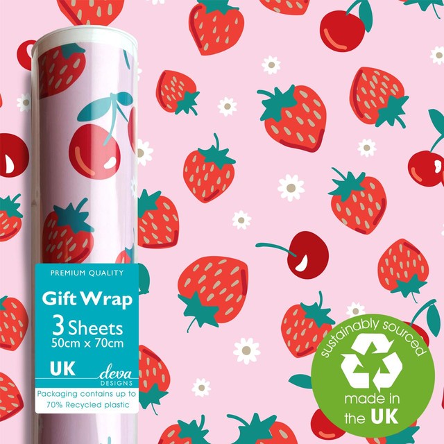 Deva Designs Cherry Berry gift wrap sheets 3 pack (British brand)