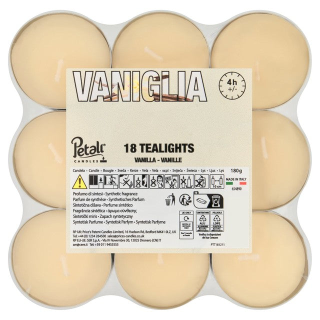 Price's Candles Petali Vanilla tea lights 18 pack, imported from the UK