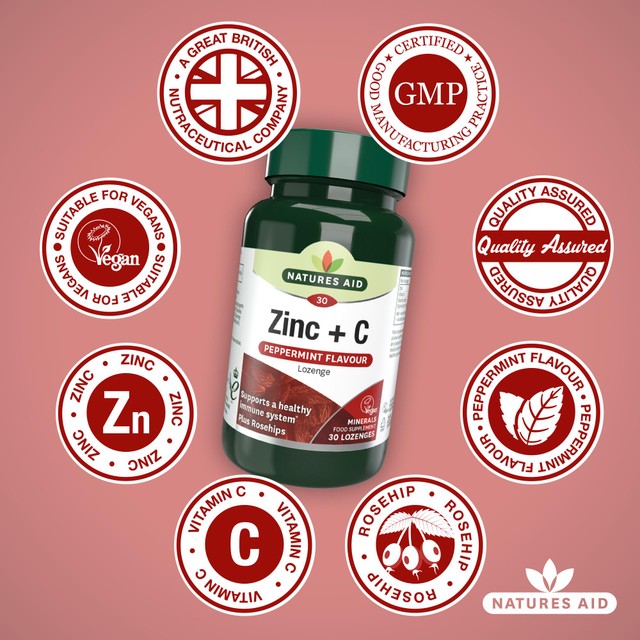 Natures Aid Zinc C peppermint supplement lozenges, imported from the UK