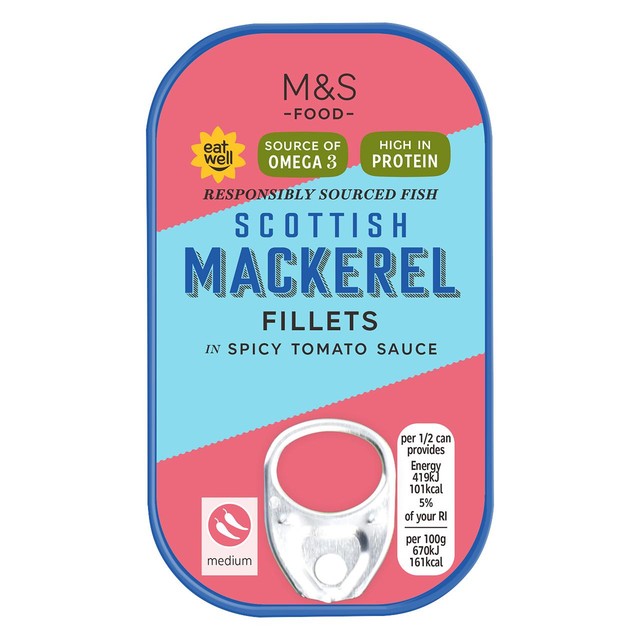 M&S mackerel fillets in spicy tomato sauce 125g, imported from the UK