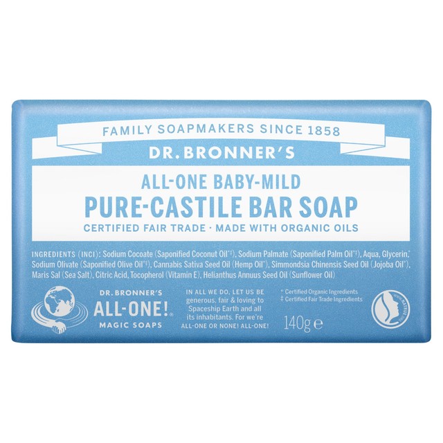 Dr Bronner baby soap bar 140g, imported from the UK