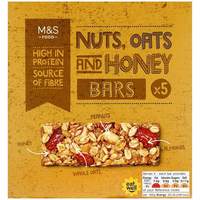 M&S Nuts and Oats Cereal Bars with honey 5x30g, imported from the UK