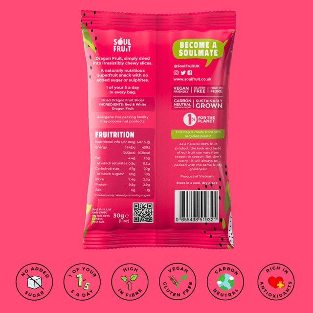 Soul Fruit Soft Dried Dragon Fruit 30g (British brand)