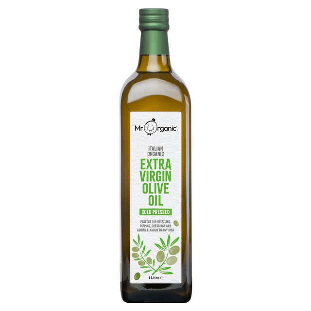 Mr Organic Italian extra virgin olive oil in glass bottle, imported from the UK