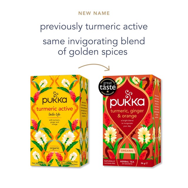 Pukka Turmeric Ginger Orange tea bags x20, imported from the UK