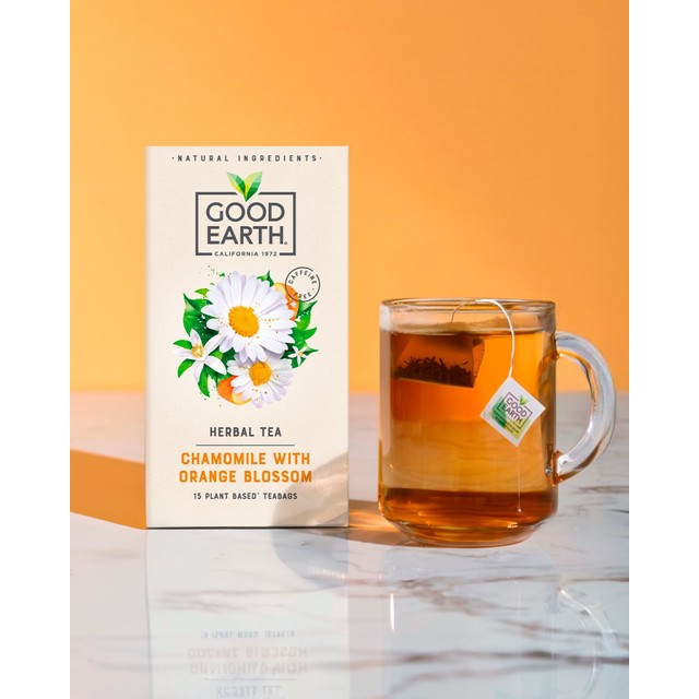 Good Earth camomile and orange blossom teabags, imported from the UK