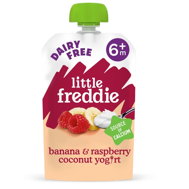 Little Freddie dairy free banana and raspberry yoghurt pouch 90g, UK version