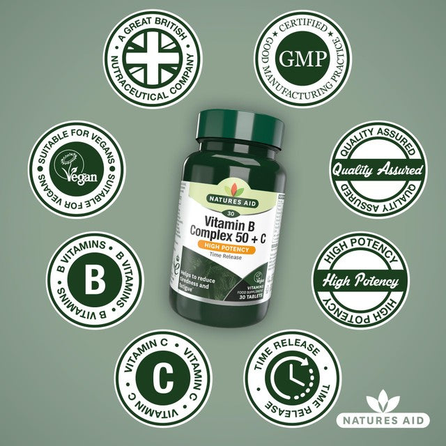 Natures Aid B Complex 50 Plus C tablets, imported from the UK