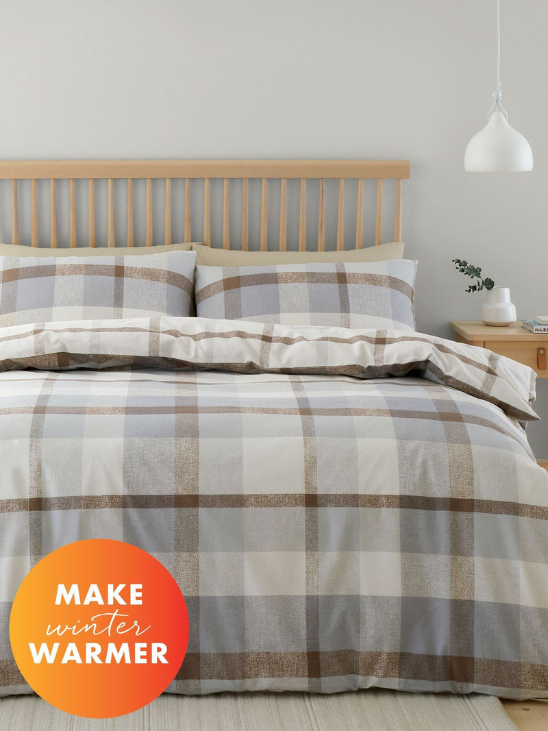 Catherine Lansfield Natural Reversible Supersoft 100% Brushed Cotton Check Duvet Cover Set