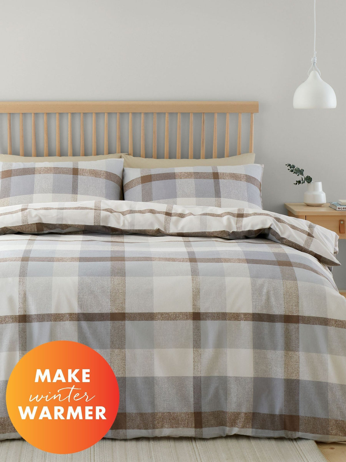 Catherine Lansfield Natural Reversible Supersoft 100% Brushed Cotton Check Duvet Cover Set