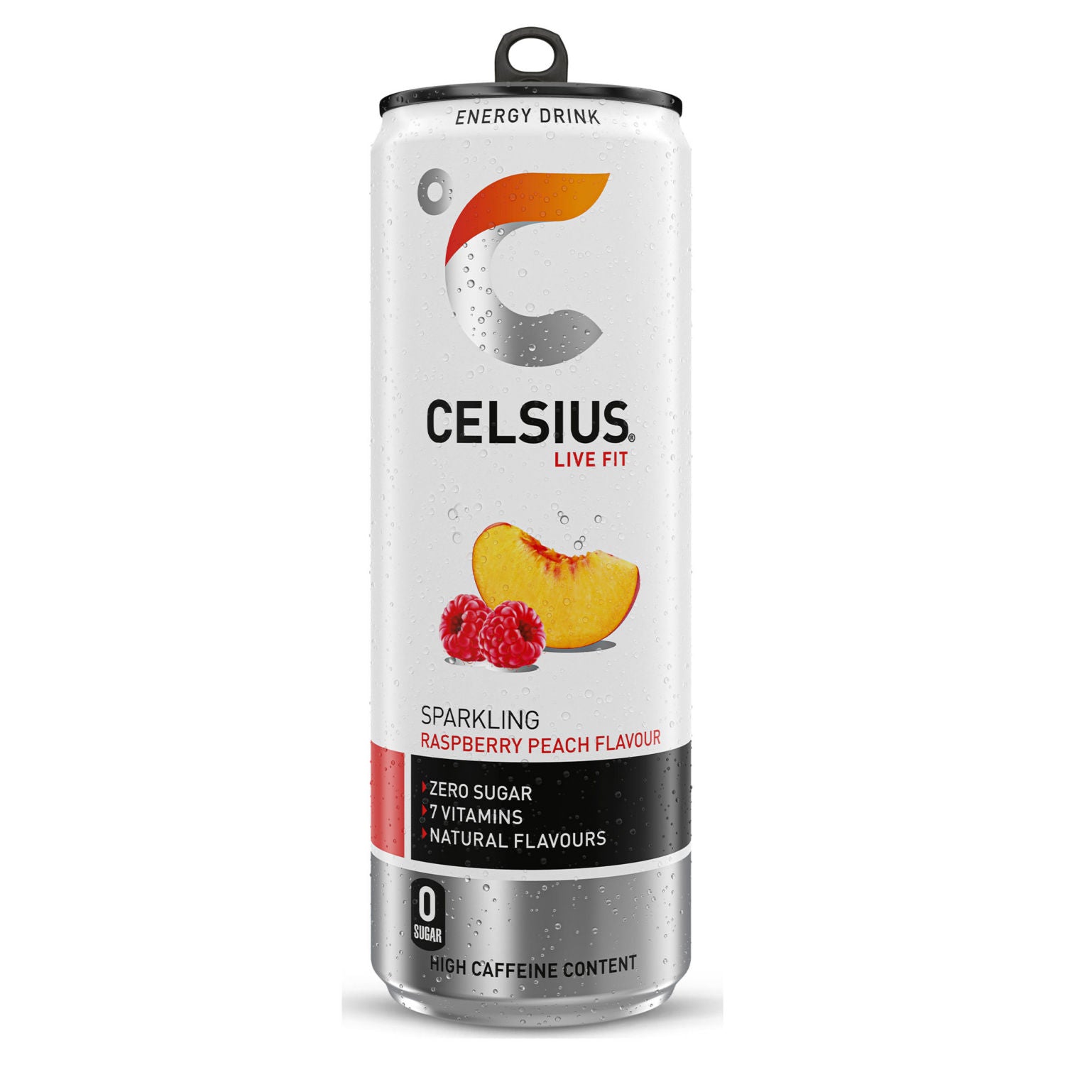 Celsius energy drink Sparkling Raspberry Peach 355ml, imported from the UK